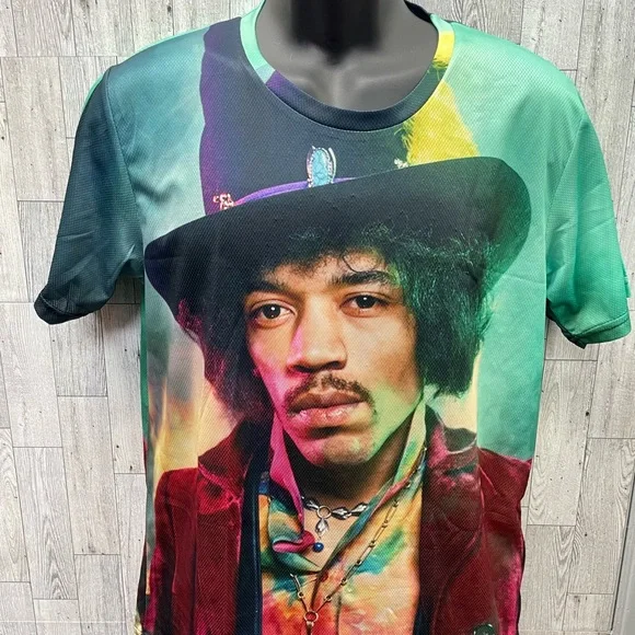 Jimi Hendrix :Artistic Green and Blue Short Sleeve Tee with Psychedelic Design - Picture 1 of 2